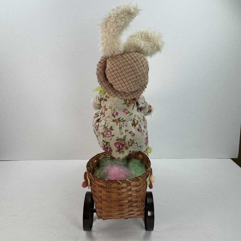 Floral Bunny Plush Doll On Metal Tricycle With Wicker Basket Floral Accents 19" - Picture 5 of 13